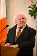 15 March 2025; President of Ireland Michael D Higgins during a reception hosted for the Republic of Ireland squad from the Italia 1990 FIFA World Cup at Áras an Uachtaráin in Dublin. Photo by Stephen McCarthy/Sportsfile