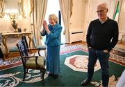 15 March 2025; Sabina Higgins with Mick McCarthy of the Republic of Ireland squad from the Italia 1990 FIFA World Cup at during a reception hosted by President of Ireland Michael D Higgins at Áras an Uachtaráin in Dublin. Photo by Stephen McCarthy/Sportsfile