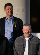 15 March 2025; John Aldridge and Niall Quinn, left, of the Republic of Ireland squad from the Italia 1990 FIFA World Cup during a visit to Áras an Uachtaráin in Dublin, hosted by President of Ireland Michael D Higgins. Photo by Stephen McCarthy/Sportsfile