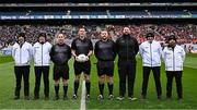 17 March 2025; Referee Seán Hurson with match officials before the Masita GAA Football Post Primary Schools Hogan Cup final match between St Colman's Claremorris of Mayo and St Patrick's Maghera of Derry at Croke Park in Dublin. Photo by Piaras Ó Mídheach/Sportsfile
