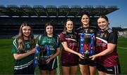 18 March 2025; At the Lidl All-Ireland Senior Post Primary Schools Finals captains day at Croke Park in Dublin are, from left to right, Ella Sheridan and Holly McPhillips of Bailieborough Community School, Cavan; and Danielle McGovern, Ellie Brady and Clodagh Clarke of Loreto, Cavan. Photo by Ramsey Cardy/Sportsfile