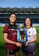 18 March 2025; At the Lidl All-Ireland Senior Post Primary Schools Finals captains day at Croke Park in Dublin are, from left, Ellie Brady of Loreto, Cavan; and Leah Carey of Skibbereen Community School, Skibbereen, Cork, ahead of the Senior A Final between Loreto, Cavan, and Skibbereen Community School, Skibbereen, Cork. Photo by Ramsey Cardy/Sportsfile