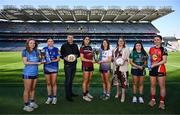 18 March 2025; At the Lidl All-Ireland Senior Post Primary Schools Finals captains day at Croke Park in Dublin are, from left to right, Ella Morgan of Eureka Secondary School, Kells, Meath, Síomha McNulty of Mount St Michael, Claremorris, Mayo; Robert Ryan, Chief Executive Officer, Lidl Ireland; Ellie Brady of Loreto, Cavan; Leah Carey of Skibbereen Community School, Skibbereen, Cork; Ladies Gaelic Football Association President Trina Murray; Ella Sheridan of Bailieborough Community School of Cavan; and Lucy Power of Coláiste Muire, Ennis, Clare. Photo by Ramsey Cardy/Sportsfile