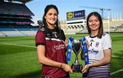 18 March 2025; At the Lidl All-Ireland Senior Post Primary Schools Finals captains day at Croke Park in Dublin are, from left, Ellie Brady of Loreto, Cavan; and Leah Carey of Skibbereen Community School, Skibbereen, Cork, ahead of the Senior A Final between Loreto, Cavan, and Skibbereen Community School, Skibbereen, Cork. Photo by Ramsey Cardy/Sportsfile