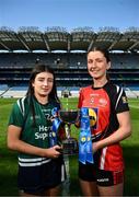 18 March 2025; At the Lidl All-Ireland Senior Post Primary Schools Finals captains day at Croke Park in Dublin are, from left to right, Ella Sheridan of Bailieborough Community School, Cavan; and Lucy Power of Coláiste Muire, Ennis, Clare; ahead of the Senior C Final between Bailieborough Community School, Cavan and Coláiste Muire, Ennis, Clare. Photo by Ramsey Cardy/Sportsfile