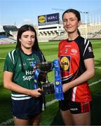 18 March 2025; At the Lidl All-Ireland Senior Post Primary Schools Finals captains day at Croke Park in Dublin are, from left to right, Ella Sheridan of Bailieborough Community School, Cavan; and Lucy Power of Coláiste Muire, Ennis, Clare; ahead of the Senior C Final between Bailieborough Community School, Cavan and Coláiste Muire, Ennis, Clare. Photo by Ramsey Cardy/Sportsfile