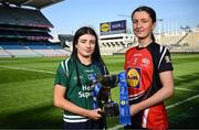 18 March 2025; At the Lidl All-Ireland Senior Post Primary Schools Finals captains day at Croke Park in Dublin are, from left to right, Ella Sheridan of Bailieborough Community School, Cavan; and Lucy Power of Coláiste Muire, Ennis, Clare; ahead of the Senior C Final between Bailieborough Community School, Cavan and Coláiste Muire, Ennis, Clare. Photo by Ramsey Cardy/Sportsfile