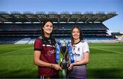 18 March 2025; At the Lidl All-Ireland Senior Post Primary Schools Finals captains day at Croke Park in Dublin are, from left, Ellie Brady of Loreto, Cavan; and Leah Carey of Skibbereen Community School, Skibbereen, Cork, ahead of the Senior A Final between Loreto, Cavan, and Skibbereen Community School, Skibbereen, Cork. Photo by Ramsey Cardy/Sportsfile