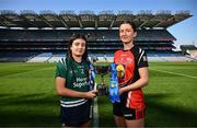 18 March 2025; At the Lidl All-Ireland Senior Post Primary Schools Finals captains day at Croke Park in Dublin are, from left to right, Ella Sheridan of Bailieborough Community School, Cavan; and Lucy Power of Coláiste Muire, Ennis, Clare; ahead of the Senior C Final between Bailieborough Community School, Cavan and Coláiste Muire, Ennis, Clare. Photo by Ramsey Cardy/Sportsfile