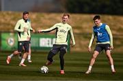 18 March 2025; Mark Sykes, centre, and Andy Moran, right during a Republic of Ireland training session at the FAI National Training Centre in Abbotstown, Dublin. Photo by Ben McShane/Sportsfile
