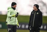 18 March 2025; Goalkeeper Caoimhin Kelleherm, left, with goalkeeping coach Gudmundur Hreidarsson during a Republic of Ireland training session at the FAI National Training Centre in Abbotstown, Dublin. Photo by Ben McShane/Sportsfile