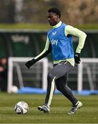18 March 2025; James Abankwah during a Republic of Ireland training session at the FAI National Training Centre in Abbotstown, Dublin. Photo by Ben McShane/Sportsfile
