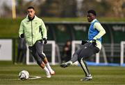 18 March 2025; James Abankwah, right, and Adam Idah during a Republic of Ireland training session at the FAI National Training Centre in Abbotstown, Dublin. Photo by Ben McShane/Sportsfile