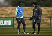 18 March 2025; Head coach Heimir Hallgrimsson, right, in conversation with James Abankwah during a Republic of Ireland training session at the FAI National Training Centre in Abbotstown, Dublin. Photo by Ben McShane/Sportsfile