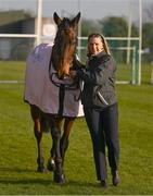 18 March 2025; Inothewayurthinkin, with groom Caoimhe O'Brien, is paraded in front of the supporters during homecoming celebrations for Cheltenham Gold Cup winner Inothewayurthinkin at Skryne Gaelic Football Club in Tara, Meath. Photo by Ben McShane/Sportsfile