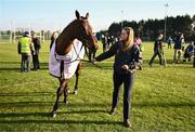 18 March 2025; Inothewayurthinkin, with groom Caoimhe O'Brien, is paraded in front of the supporters during homecoming celebrations for Cheltenham Gold Cup winner Inothewayurthinkin at Skryne Gaelic Football Club in Tara, Meath. Photo by Ben McShane/Sportsfile