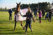 18 March 2025; Inothewayurthinkin, with groom Caoimhe O'Brien, is paraded in front of the supporters during homecoming celebrations for Cheltenham Gold Cup winner Inothewayurthinkin at Skryne Gaelic Football Club in Tara, Meath. Photo by Ben McShane/Sportsfile