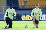 19 March 2025; Jimmy Dunne and James Abankwah, left, during a Republic of Ireland training session at Hristo Botev Stadium in Plovdiv, Bulgaria. Photo by Stephen McCarthy/Sportsfile