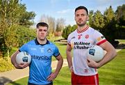19 March 2025; Dublin footballer Greg McEneaney, left, and Tyrone footballer Brian Kennedy, pictured before a media conference at the Carrickdale Hotel in Dundalk, Louth ahead of the upcoming Allianz Football League Division 1 match between Tyrone and Dublin on Sunday, March 23rd at O'Neills Healy Park in Omagh, Tyrone. Photo by Sam Barnes/Sportsfile