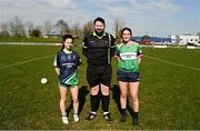 19 March 2025; Referee Aaron Clogher with Bailieborough CS captain Caoimhe Brady, left, and Scoil Mhuire agus Íde captain Isabel O'Brien before the Lidl LGFA PPS All-Ireland Junior C final match between Bailieborough CS of Cavan and Scoil Mhuire agus Íde of Limerick at Duggan Park in Ballinasloe, Galway. Photo by Ben McShane/Sportsfile