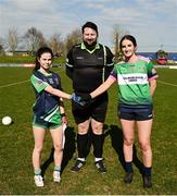 19 March 2025; Referee Aaron Clogher with Bailieborough CS captain Caoimhe Brady, left, and Scoil Mhuire agus Íde captain Isabel O'Brien before the Lidl LGFA PPS All-Ireland Junior C final match between Bailieborough CS of Cavan and Scoil Mhuire agus Íde of Limerick at Duggan Park in Ballinasloe, Galway. Photo by Ben McShane/Sportsfile