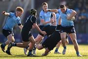 19 March 2025; Herbie Boyle of St Michael's College is tackled by James Mallon of St Vincent's Castleknock College during the Bank of Ireland Leinster Rugby Boys Schools Junior Cup final match between St Michael’s College and St Vincent's Castleknock College at Energia Park in Dublin. Photo by Shauna Clinton/Sportsfile