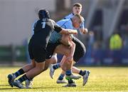19 March 2025; Herbie Boyle of St Michael's College is tackled by James Mallon of St Vincent's Castleknock College during the Bank of Ireland Leinster Rugby Boys Schools Junior Cup final match between St Michael’s College and St Vincent's Castleknock College at Energia Park in Dublin. Photo by Shauna Clinton/Sportsfile