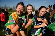19 March 2025; Bailieborough CS players, from left, goalkeeper Margaret Smith, Gia McCabe and Erelle O'Sullivan of Bailieborough CS celebrate after the Lidl LGFA PPS All-Ireland Junior C final match between Bailieborough CS of Cavan and Scoil Mhuire agus Íde of Limerick at Duggan Park in Ballinasloe, Galway. Photo by Ben McShane/Sportsfile