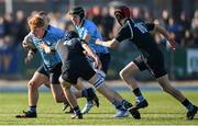 19 March 2025; Harry McCafferty of St Michael's College in action against Hugh Hanley of St Vincent's Castleknock College during the Bank of Ireland Leinster Rugby Boys Schools Junior Cup final match between St Michael’s College and St Vincent's Castleknock College at Energia Park in Dublin. Photo by Shauna Clinton/Sportsfile
