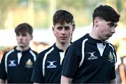 19 March 2025; St Vincent's Castleknock College players dejected after their side's defeat in the Bank of Ireland Leinster Rugby Boys Schools Junior Cup final match between St Michael’s College and St Vincent's Castleknock College at Energia Park in Dublin. Photo by Shauna Clinton/Sportsfile