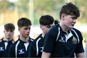19 March 2025; St Vincent's Castleknock College players dejected after their side's defeat in the Bank of Ireland Leinster Rugby Boys Schools Junior Cup final match between St Michael’s College and St Vincent's Castleknock College at Energia Park in Dublin. Photo by Shauna Clinton/Sportsfile
