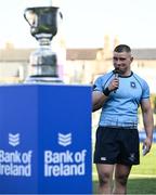 19 March 2025; St Michael's College captain Herbie Boyle makes a speech after his side's victory in the Bank of Ireland Leinster Rugby Boys Schools Junior Cup final match between St Michael’s College and St Vincent's Castleknock College at Energia Park in Dublin. Photo by Shauna Clinton/Sportsfile