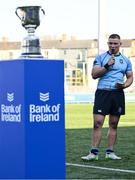 19 March 2025; St Michael's College captain Herbie Boyle makes a speech after his side's victory in the Bank of Ireland Leinster Rugby Boys Schools Junior Cup final match between St Michael’s College and St Vincent's Castleknock College at Energia Park in Dublin. Photo by Shauna Clinton/Sportsfile