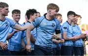 19 March 2025; Harry McCafferty of St Michael's College collects his medal after his side's victory the Bank of Ireland Leinster Rugby Boys Schools Junior Cup final match between St Michael’s College and St Vincent's Castleknock College at Energia Park in Dublin. Photo by Shauna Clinton/Sportsfile
