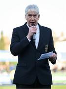 19 March 2025; Leinster Rugby President Declan Gardiner makes a speech after the Bank of Ireland Leinster Rugby Boys Schools Junior Cup final match between St Michael’s College and St Vincent's Castleknock College at Energia Park in Dublin. Photo by Shauna Clinton/Sportsfile