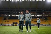 20 March 2025; Republic of Ireland players Jack Taylor, left, and Jimmy Dunne walk the pitch before the UEFA Nations League B/C Play-off 1st Leg match between Bulgaria and Republic of Ireland at Hristo Botev Stadium in Plovdiv, Bulgaria. Photo by Stephen McCarthy/Sportsfile