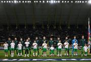 20 March 2025; Republic of Ireland players, from left, Troy Parrott, Mikey Johnston, Josh Cullen, Robbie Brady, Finn Azaz, Dara O'Shea, Jason Knight, Ryan Manning, Matt Doherty, goalkeeper Caoimhin Kelleher and captain Nathan Collins before the UEFA Nations League B/C Play-off 1st Leg match between Bulgaria and Republic of Ireland at Hristo Botev Stadium in Plovdiv, Bulgaria. Photo by Stephen McCarthy/Sportsfile