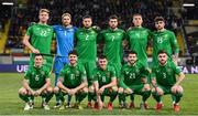 20 March 2025; Republic of Ireland players, back row, from left, Nathan Collins, Caoimhin Kelleher, Matt Doherty, Finn Azaz, Dara O'Shea, and Troy Parrott, front row, from left, Josh Cullen, Robbie Brady, Jason Knight, Mikey Johnston, and Ryan Manning before the UEFA Nations League B/C Play-off 1st Leg match between Bulgaria and Republic of Ireland at Hristo Botev Stadium in Plovdiv, Bulgaria. Photo by Stephen McCarthy/Sportsfile