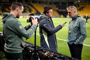 20 March 2025; Republic of Ireland head coach Heimir Hallgrimsson with communications manager Kieran Crowley and multimedia executive Matthew Turnbull, left, before the UEFA Nations League B/C Play-off 1st Leg match between Bulgaria and Republic of Ireland at Hristo Botev Stadium in Plovdiv, Bulgaria. Photo by Stephen McCarthy/Sportsfile