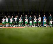 20 March 2025; Republic of Ireland players, from left, Troy Parrott, Mikey Johnston, Josh Cullen, Robbie Brady, Finn Azaz, Dara O'Shea, Jason Knight, Ryan Manning, Matt Doherty, goalkeeper Caoimhin Kelleher and team captain Nathan Collins before the UEFA Nations League B/C Play-off 1st Leg match between Bulgaria and Republic of Ireland at Hristo Botev Stadium in Plovdiv, Bulgaria. Photo by Stephen McCarthy/Sportsfile