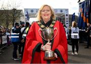 16 March 2025; Eileen Sheppard, Mayor of Clonakilty, with the King of Ring cup during day three of The Clonakilty Park Hotel West Cork Rally in Clonakilty, Cork. Photo by Philip Fitzpatrick/Sportsfile