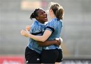 21 March 2025; Linda Djougang, left, and Edel McMahon during the Ireland rugby captain's run at Kingspan Stadium in Belfast. Photo by Ramsey Cardy/Sportsfile