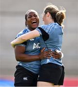 21 March 2025; Linda Djougang, left, and Edel McMahon during the Ireland rugby captain's run at Kingspan Stadium in Belfast. Photo by Ramsey Cardy/Sportsfile