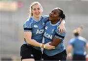 21 March 2025; Linda Djougang, right, and Edel McMahon during the Ireland rugby captain's run at Kingspan Stadium in Belfast. Photo by Ramsey Cardy/Sportsfile