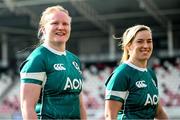 21 March 2025; Aoife Wafer, left, and Edel McMahon during the Ireland rugby captain's run at Kingspan Stadium in Belfast. Photo by Ramsey Cardy/Sportsfile