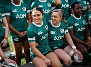 21 March 2025; Captain Amee-Leigh Costigan, left, and Edel McMahon during the Ireland rugby captain's run at Kingspan Stadium in Belfast. Photo by Ramsey Cardy/Sportsfile