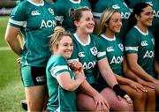 21 March 2025; Neve Jones, left, and Enya Breen during the Ireland rugby captain's run at Kingspan Stadium in Belfast. Photo by Ramsey Cardy/Sportsfile