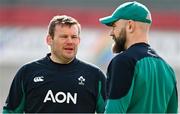 21 March 2025; Scrum coach Denis Fogarty, left, and defence coach Hugh Hogan during the Ireland rugby captain's run at Kingspan Stadium in Belfast. Photo by Ramsey Cardy/Sportsfile