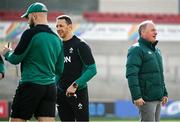 21 March 2025; Ireland head coach Scott Bemand, centre, and IRFU performance director David Humphreys during the Ireland rugby captain's run at Kingspan Stadium in Belfast. Photo by Ramsey Cardy/Sportsfile