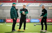 21 March 2025; Forwards coach Alex Codling, left, scrum coach Denis Fogarty and head coach Scott Bemand, right, during the Ireland rugby captain's run at Kingspan Stadium in Belfast. Photo by Ramsey Cardy/Sportsfile